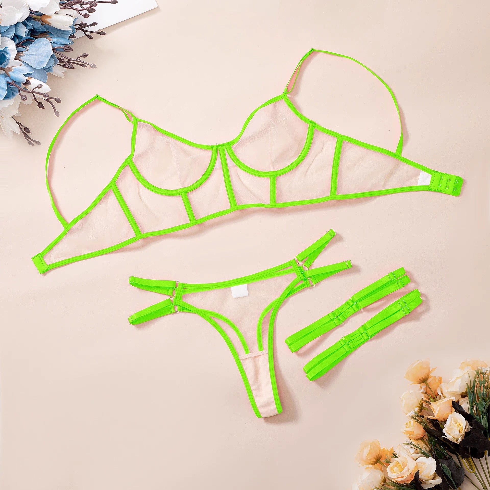 Sexy thin mesh see through lingerie three piece set - BabyFansBabyFans