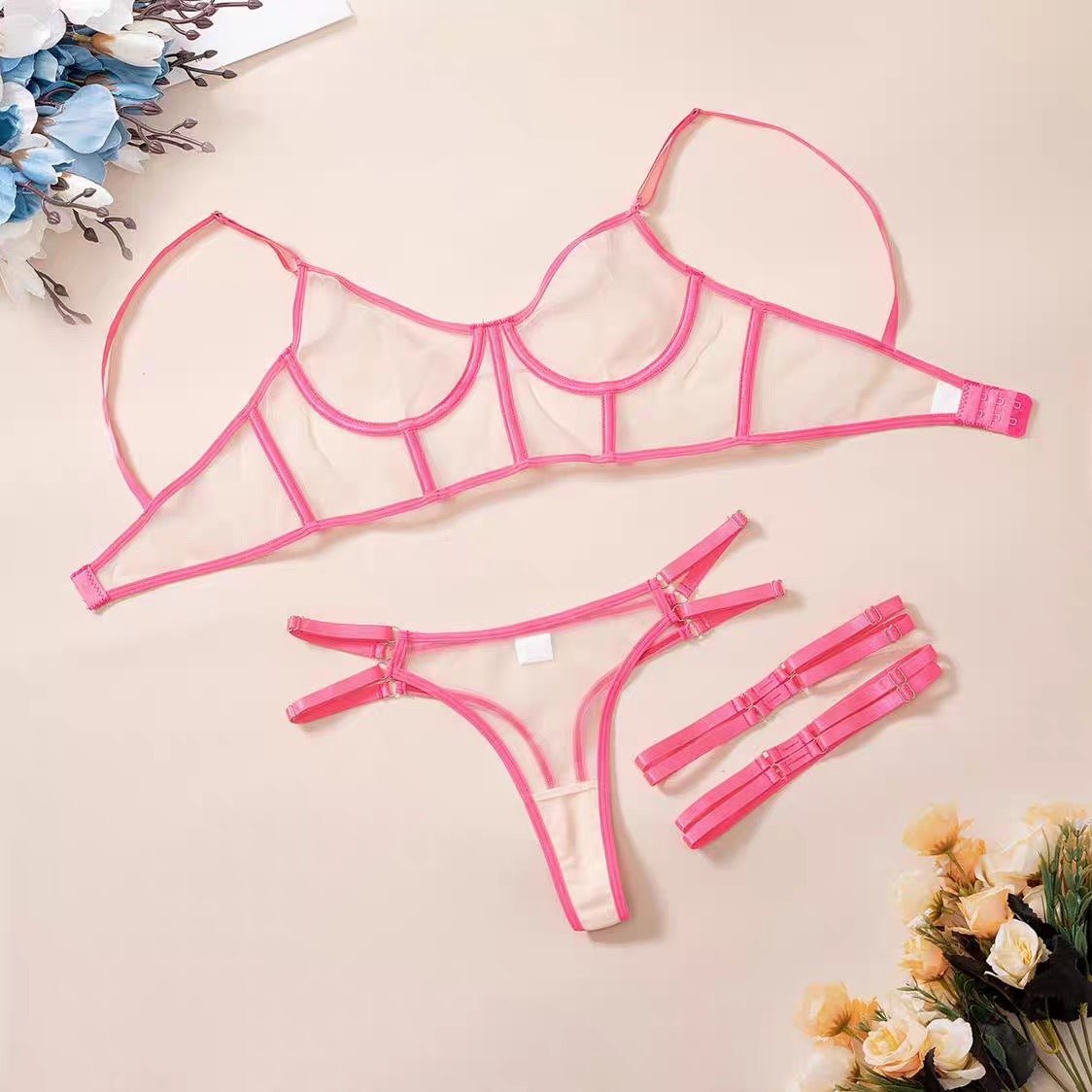 Sexy thin mesh see through lingerie three piece set - BabyFansBabyFans