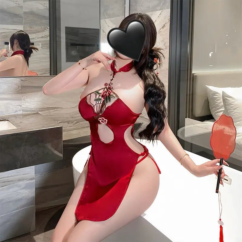 Sexy halterneck cut - out high - waisted slit cheongsam seduces pajamas short skirts - BabyFansBabyFans