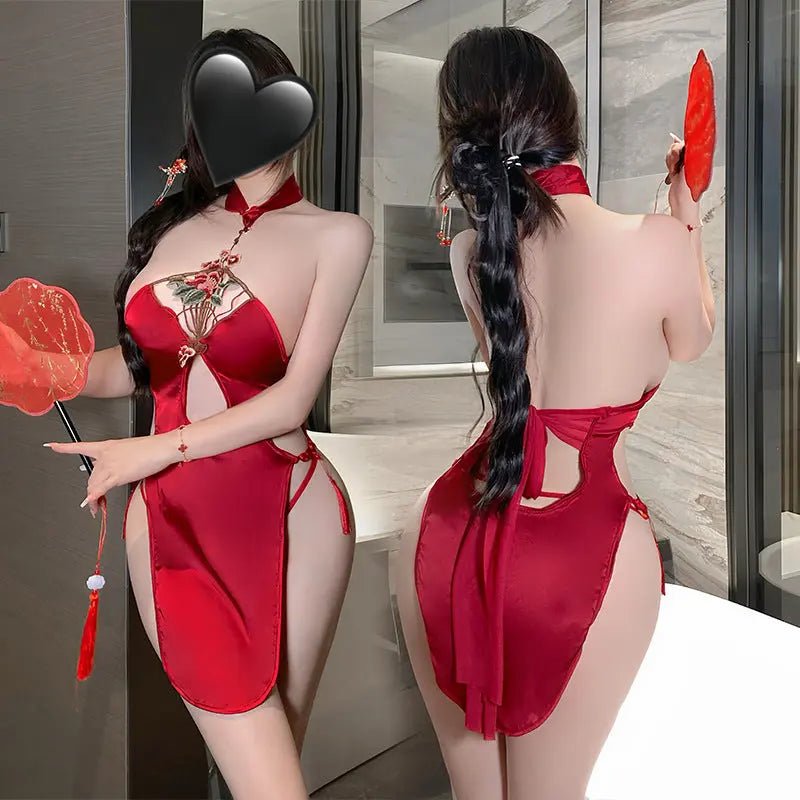 Sexy halterneck cut - out high - waisted slit cheongsam seduces pajamas short skirts - BabyFansBabyFans