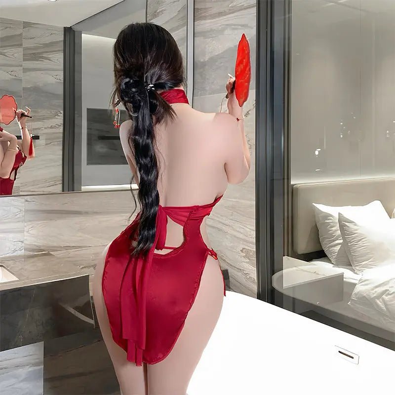 Sexy halterneck cut - out high - waisted slit cheongsam seduces pajamas short skirts - BabyFansBabyFans