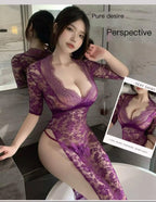 Sexy lace seduction see - through maxi skirt hot side slit slim uniform pajamas - BabyFansBabyFans